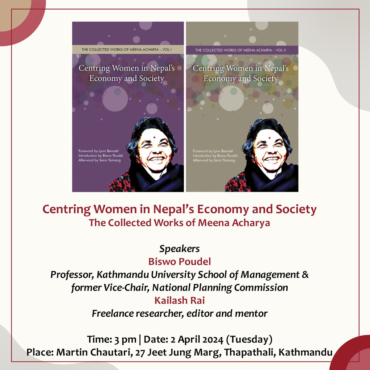 soscbaha's tweet photo. SSB &amp; @MartinChautari invite you to the release of the book 'Centring Women in Nepal’s Economy and Society
The Collected Works of Meena Acharya'
Time: 3 pm | Date: 2 April 2024 (Tuesday)
Place: Martin Chautari, 27 Jeet Jung Marg, Thapathali, Kathmandu https://t.co/E6fzKau2gQ