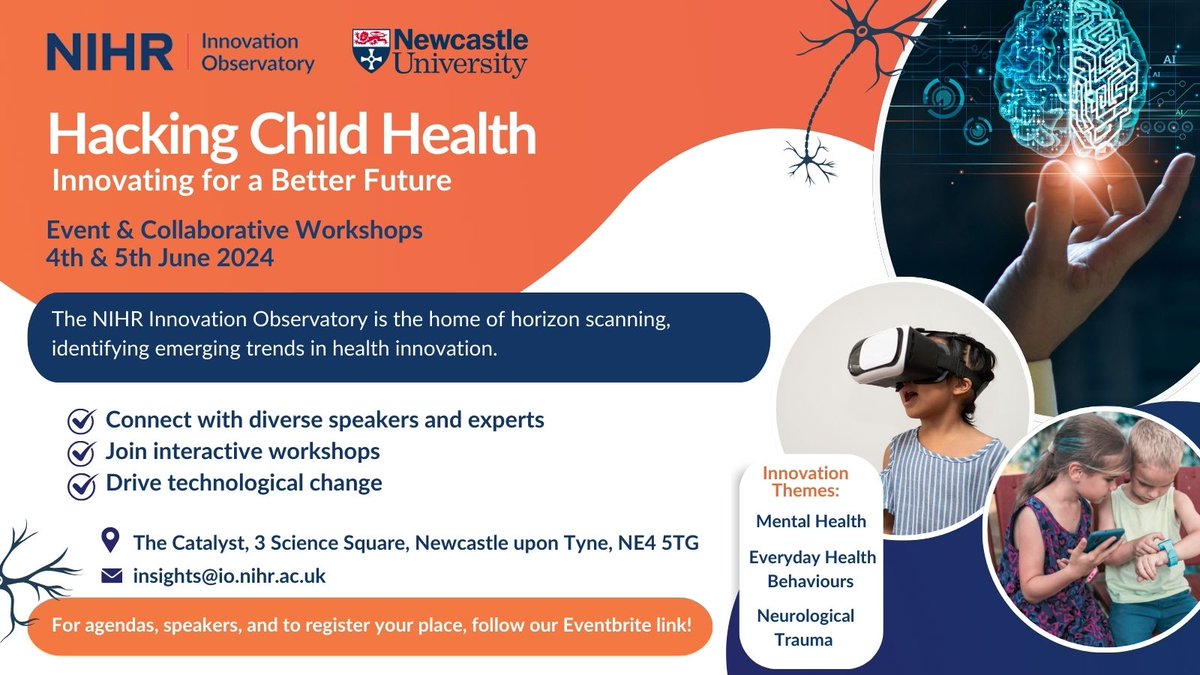 #HackingChildTech national event - registrations open! 💡 Join us 4-5th June 2024 to explore #healthtech innovations landscape for children, and connect with diverse experts.🤝Highlight topics: mental health, health behaviour, and neurological trauma: 👇 eventbrite.co.uk/e/nihr-innovat…