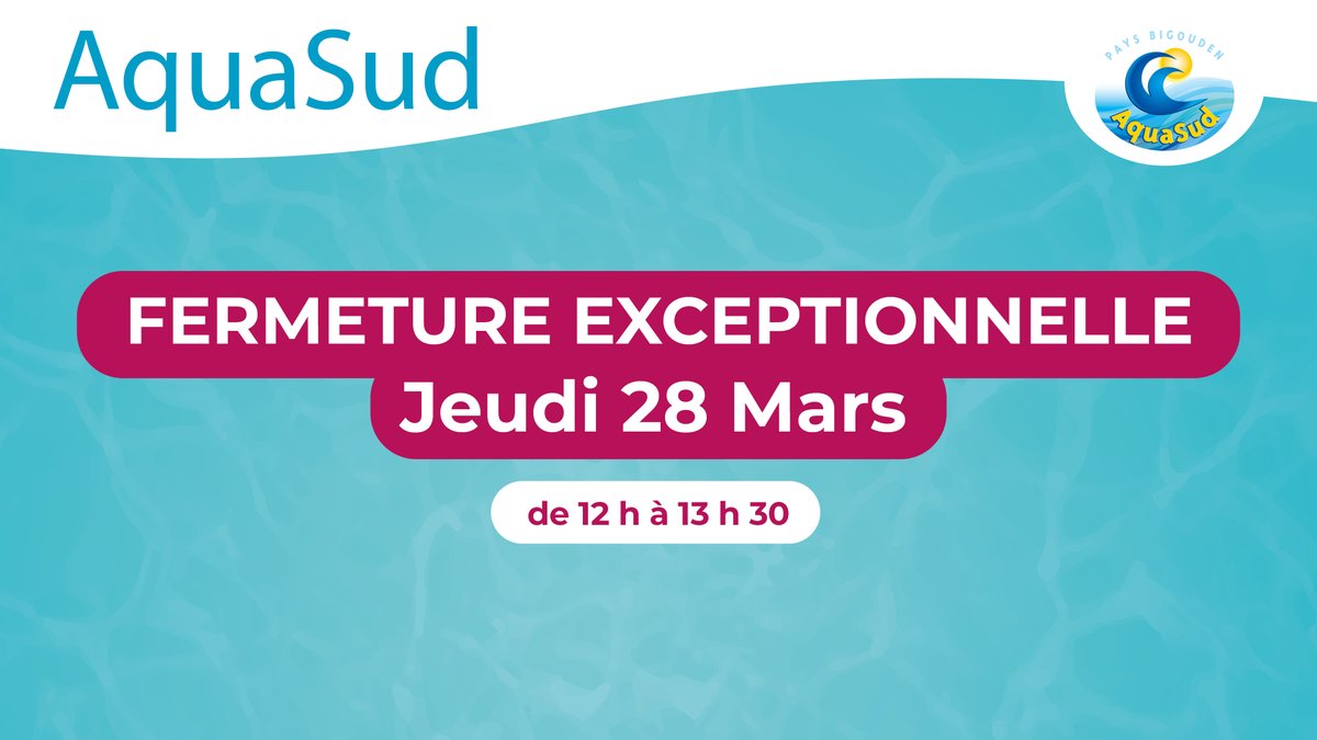 Ne vous rendez pas à la piscine AquaSud ce midi. En raison d'un problème technique, elle sera fermée de 12 h à 13 h 30. Nous ferons un point en début d'après-midi pour vous tenir informés de la réouverture ou non des bassins. Vous priant de nous excuser pour la gêne occasionnée.