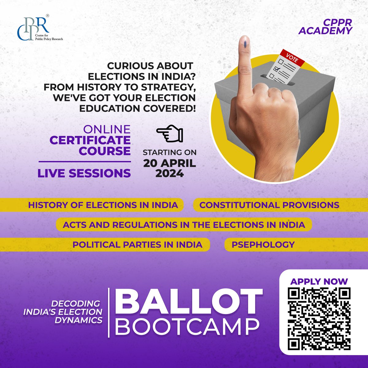 Join the Ballot BootCamp on Decoding India's Election Dynamics!

Apply now for #CPPRAcademy's latest online certificate course to learn about the elections in India.

REGISTER HERE: cppr.in/ballot-bootcam…

#elections #GeneralElections2024 #india #onlinecourse