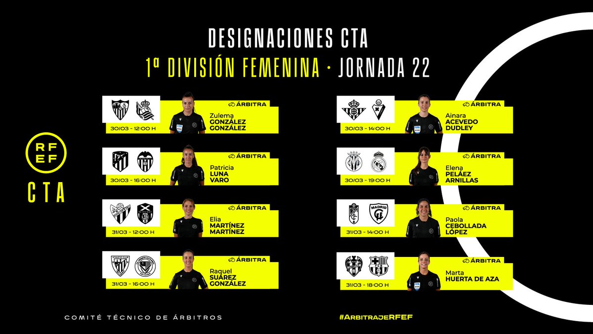⚖️ ÁRBITRAS | Estas son las colegiadas designadas para la jornada 2️⃣2️⃣ en 𝐏𝐫𝐢𝐦𝐞𝐫𝐚 División Femenina. 🟨🟥 𝐃𝐞𝐬𝐢𝐠𝐧𝐚𝐜𝐢𝐨𝐧𝐞𝐬 𝐜𝐨𝐦𝐩𝐥𝐞𝐭𝐚𝐬: rfef.es/es/noticias/of… #ArbitrajeRFEF | @CTARFEF