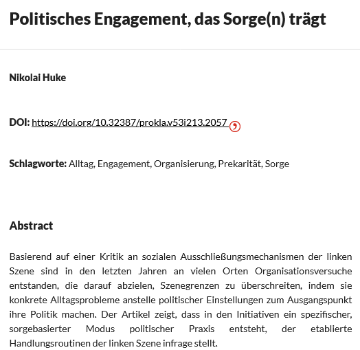 Neuer Artikel @Ztschr_Prokla: Politisches #Engagement, das #Sorge(n) trägt - prokla.de/index.php/PROK…