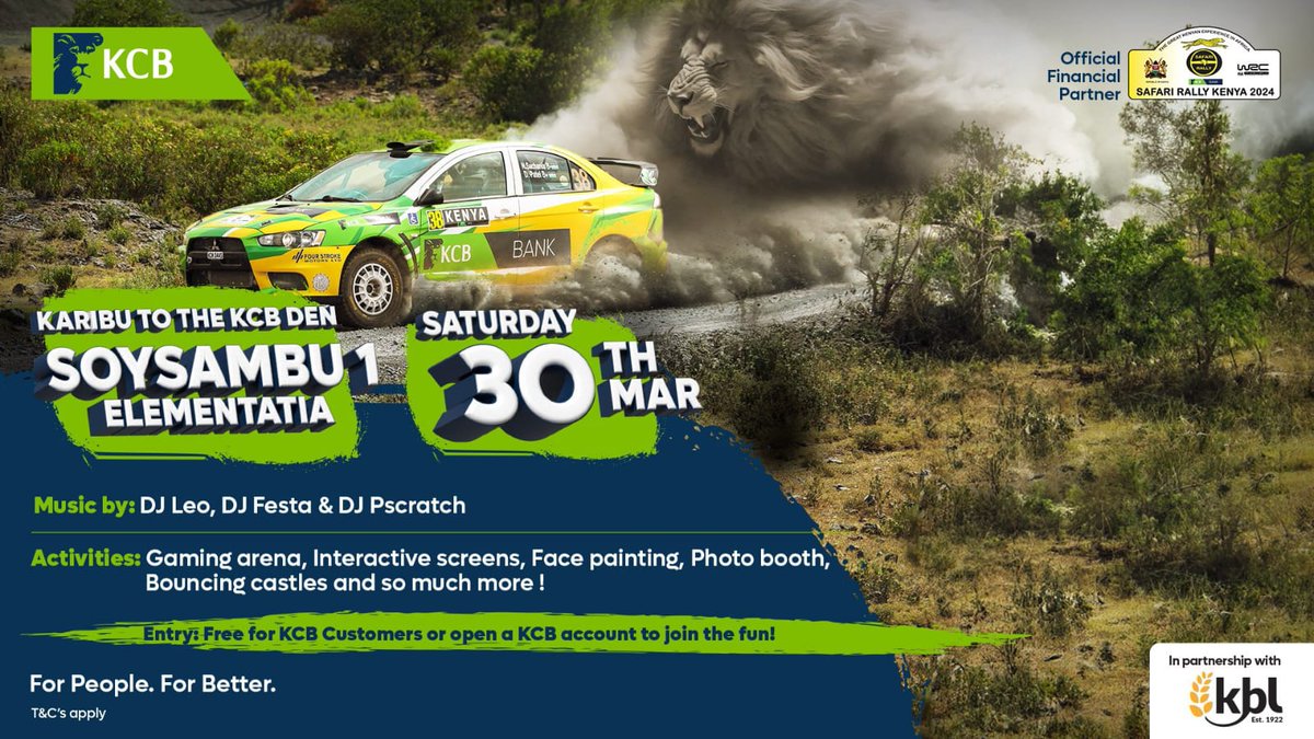 Double the celebration! Enjoy the Safari Rally & Easter festivities at the Den Experience
#GurumishaNaKCB #FeelTheRoar #KCBNiYetu #EasterNaRally
#WRCSafariRally2024