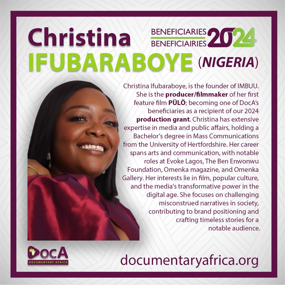 🎬Exciting news! DocA supports Nigerian filmmaker Christina Ifubaraboye and her film 'PÜLÖ' with a production grant!🌍This powerful documentary explores environmental degradation in the Niger Delta.📽Let's advocate for environmental justice together! #DocASupports #PÜLÖ