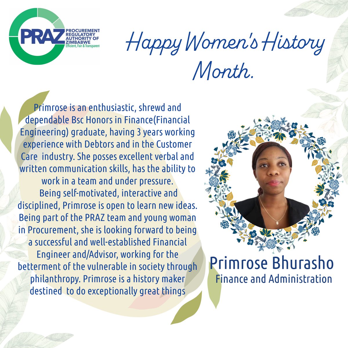 Celebrating remarkable women in public procurement. Ms. Primrose Bhurasho is a shrewd and dependable woman in the Finance and Administration division. She is a self-motivated woman who delivers on her tasks. #InclusivityInPublicProcurement #InternationalWomensMonth2024