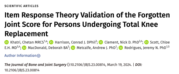 📰Pleased to see first major publication from my PhD in <a href="/JBJS/">J Bone & Joint Surg</a> providing Item Response Theory models for the Forgotten Joint Score for people undergoing #tkr

journals.lww.com/jbjsjournal/ab…
Here are some findings!

(🧵)