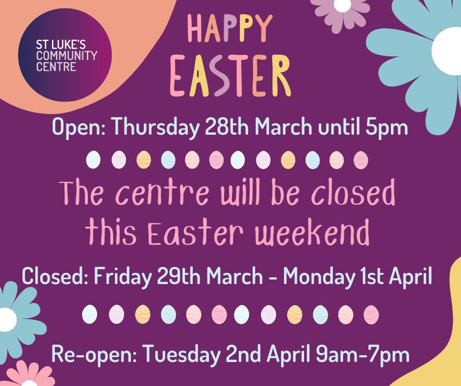 Happy Easter to all! We will be closed over the Easter weekend. Open Thursday 28th March till 5pm, then re-open on Tuesday 2nd April at 9am. Please see our website for a full range of activities: ow.ly/ll5k50R34pH #communitycentre #southislington