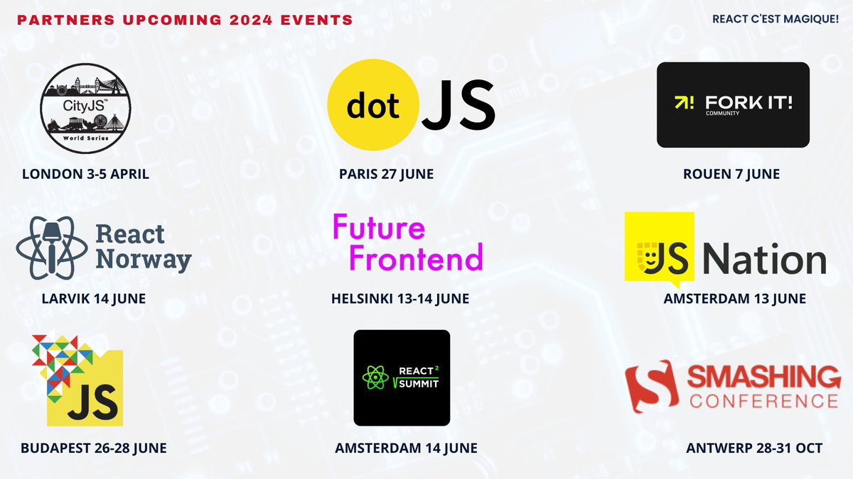 Thank you💙React.Paris 🤍#partners ❤️ Don't miss out on our friends'upcoming #conferences : 🙏🏼 @cityjsconf @dotJS @ForkitCommunity @ReactNorway @Future_Frontend @thejsnation @jsconfbp @ReactSummit @smashingconf See you next year😉