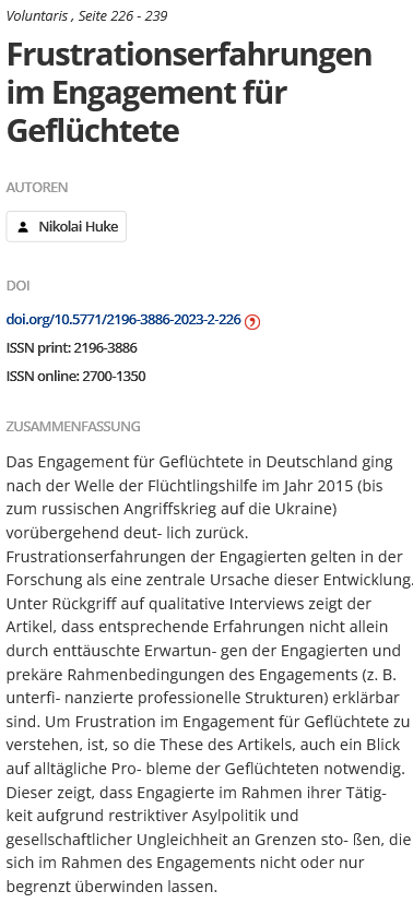 Neuer Artikel @voluntaris_z: Frustrationserfahrungen im #Engagement für #Geflüchtete - nomos-elibrary.de/10.5771/2196-3…