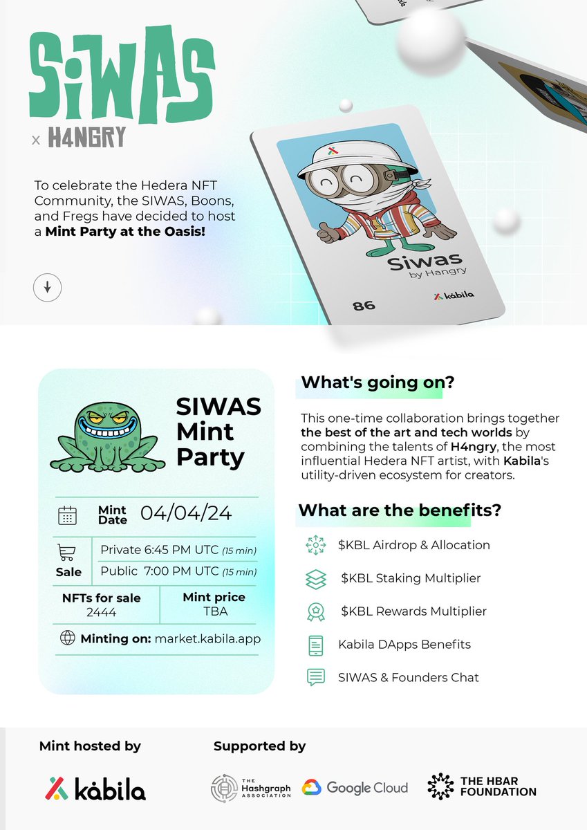 Give Away via HSUITE post below. 👇

#HSUITE are delighted to be supporting #SIWAS Mint Party Whitelist Giveaway. We have 6 whitelist spots to giveaway.

- Like
- Retweet
- Comment #SIWAS #HSUITE #SHIBAR
- Follow @HbarSuite, <a href="/KabilaApp/">Kabila</a> <a href="/ShibarNetwork/">SHIBAR</a>

Draw will be in 24 hours.
