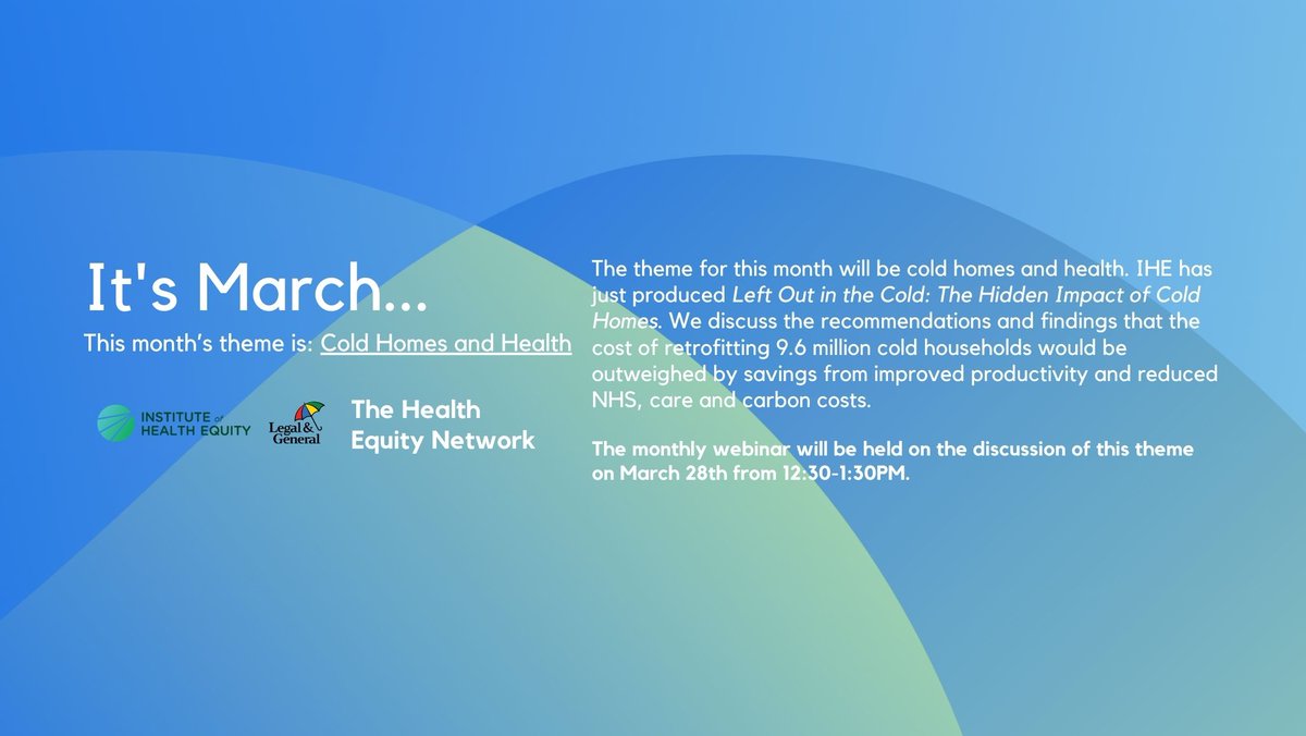 Happening TODAY at 12:30PM on the Health Equity Network: Cold Homes and Health Webinar Register: healthequitynetwork.co.uk IHE has recently produced a report on Cold Homes with @friends_earth. Our speakers at today’s event are Mike Childs and lead author Dr. Angela Donkin.