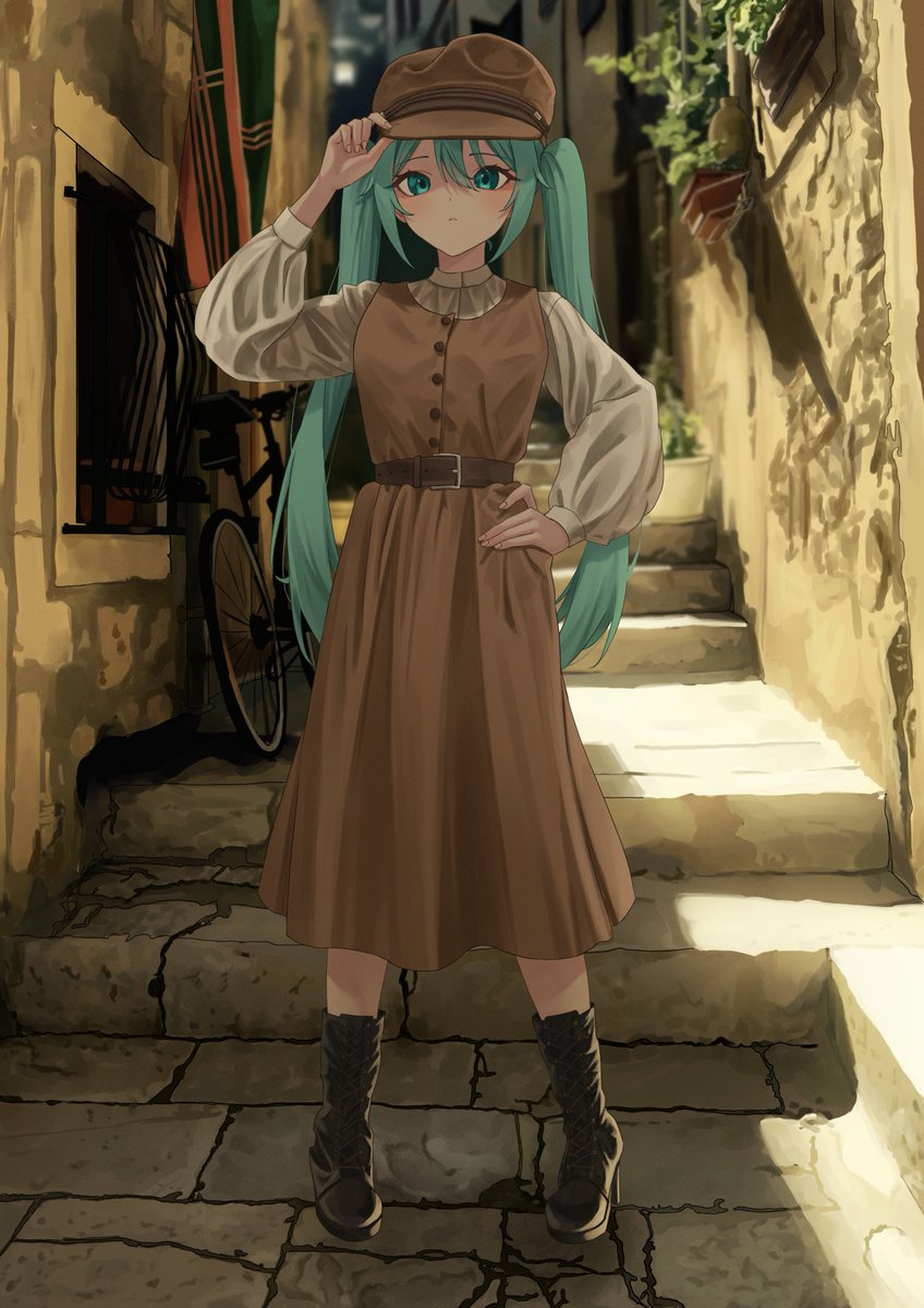 hatsune miku 1girl solo long hair looking at viewer long sleeves dress hat  illustration images