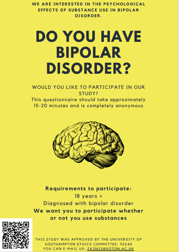 Dear those with #Bipolar, please consider taking part in this short anonymous online survey about the links between substance use (#drugs, alcohol) & #BipolarDisorder, whether you use or not. Thank you! #WorldBipolarDay #WorldBipolarDay2024 #Weed #Drink southampton.qualtrics.com/jfe/form/SV_88…