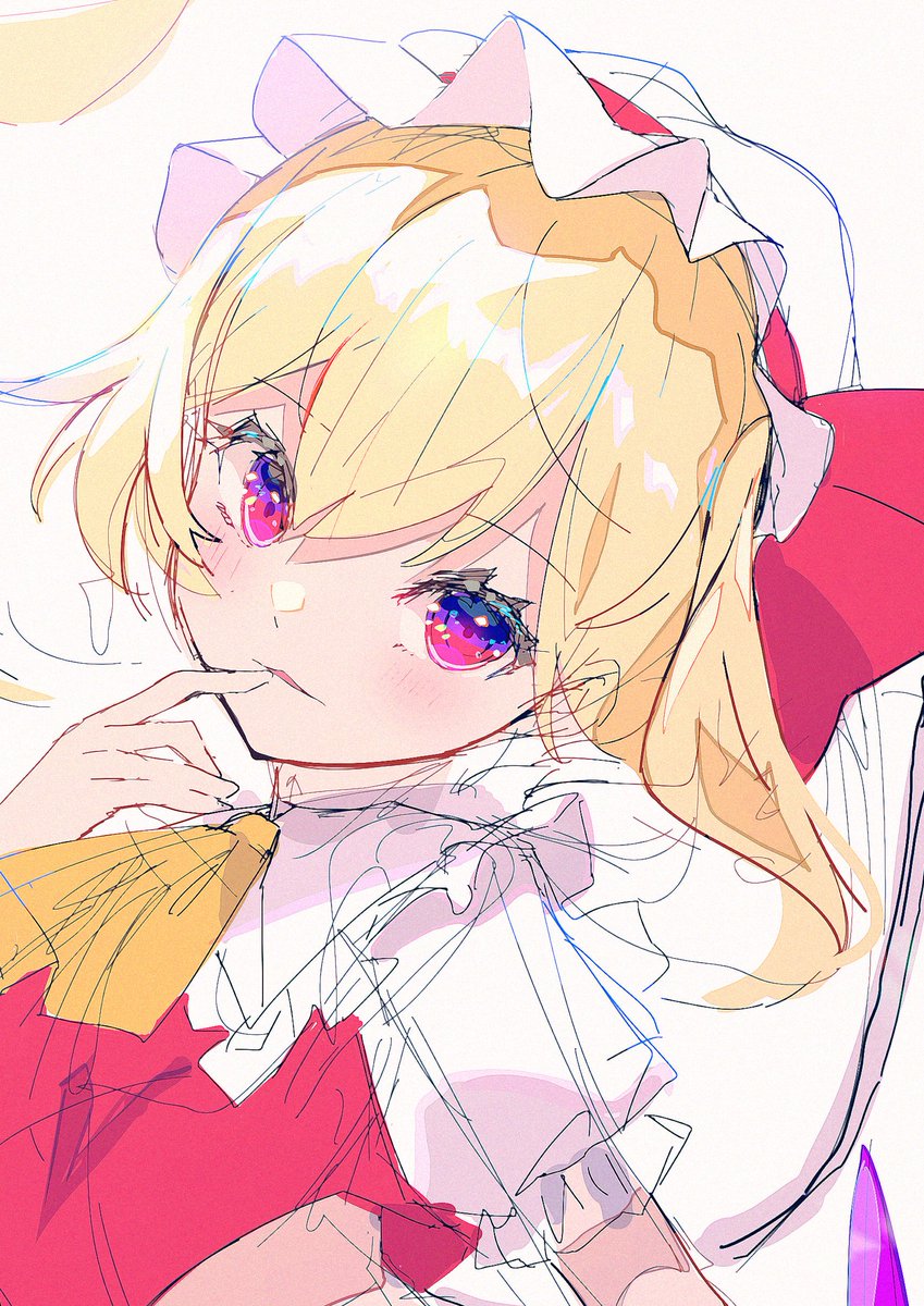 flandre scarlet 1girl solo looking at viewer blush simple background shirt blonde hair  illustration images