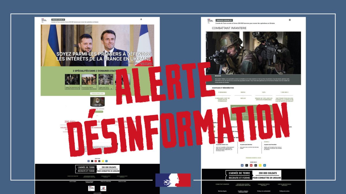 🚨 #Désinformation. L’URL d’un site « s’engager en Ukraine » qui reprend la charte graphique des sites gouvernementaux circule actuellement sur X. Ce site est un faux site gouvernemental, relayé sur les réseaux sociaux par des comptes malveillants, pour une campagne de