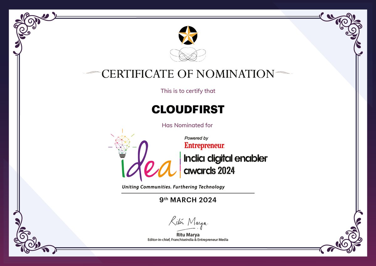 cloudfirst11's tweet image. Certificate of Nomination

For more information, please visit our website : cloudfirst.in

#cloudfirsttechnology #Idea #certificateofnomination #AshishSrivastava #cloudfirst