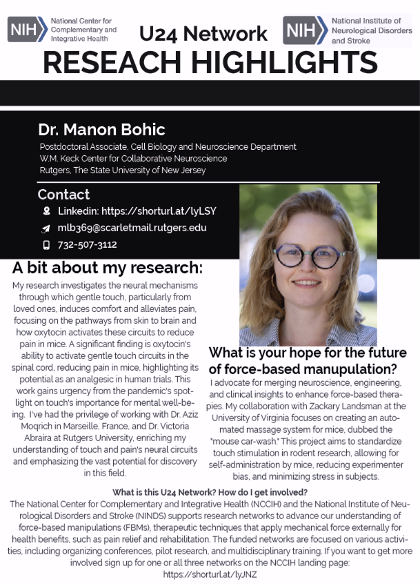 NeuronS_MATTR Network shines a spotlight on Dr. Manon Bohic @mbohic28, pioneering research in touch. Discover how Dr. Bohic is advancing our understanding and contributing to our mission. 🧠👐 Learn more on our website! 🌐 massageneuroscience.org