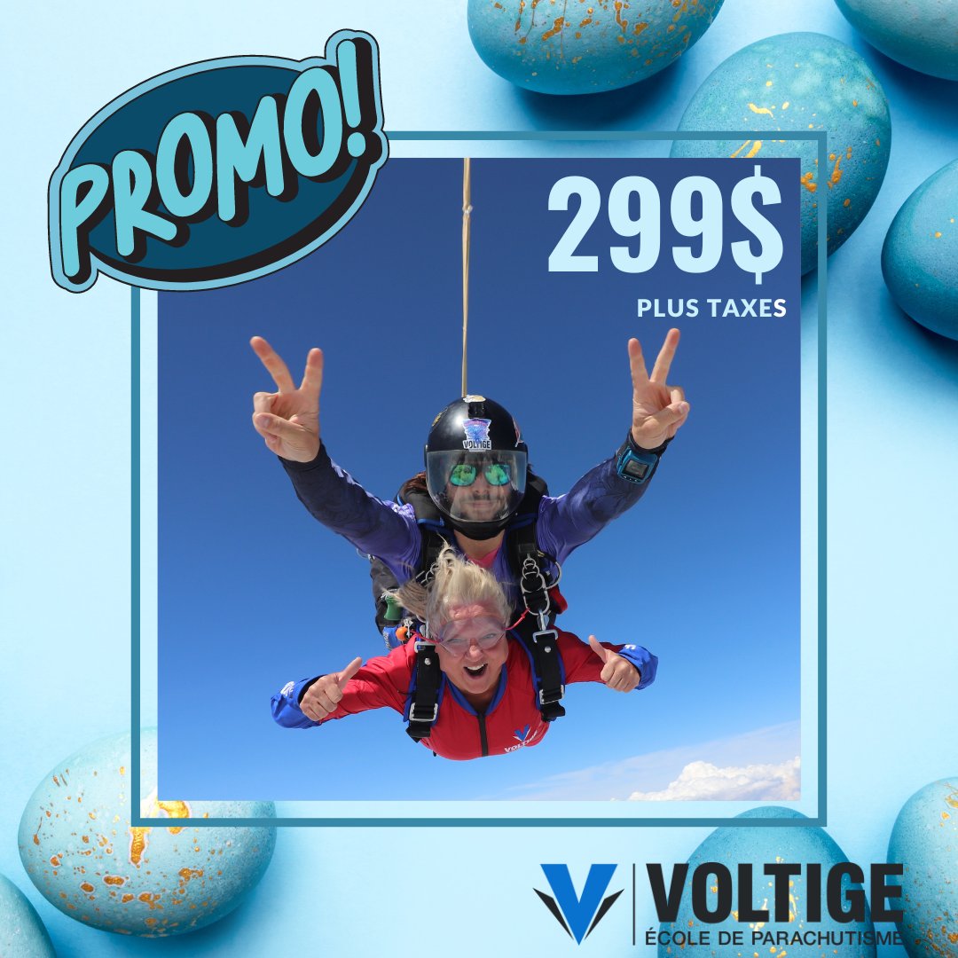 voltige2001's tweet image. 🐣PROMO COCO : Saut en tandem à 13 500 pieds, valide en tous temps durant la saison 2024, à seulement 299$!

🐰Profitez de la promotion jusqu’au 2 avril 2024! 
Rendez-vous au 📷 parachutevoltige.com/fr/produit/pro…
