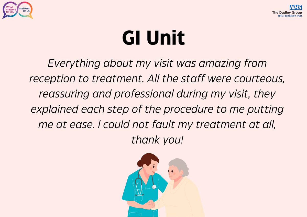Lovely feedback for our GI Unit! well done for providing a reassuring and professional service for our patients @jillfaulkner65 @DudleyGroupCEO @MataMorris_SK @DudleyGroupNHS