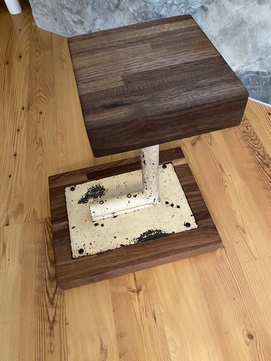 Excited about this most recent piece just finished! A small accent table made with a vintage repurposed industrial bench top mount and some beautiful walnut. A mix of age, character, and new woodgrain. Very unique. #woodworking #industrialfurniture