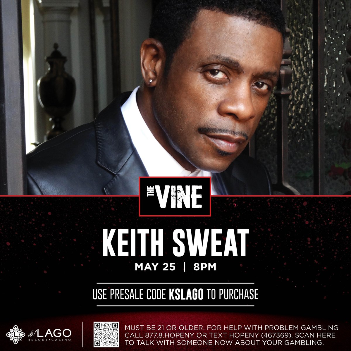 PRESALE STARTS NOW! 🎟️ Use code 'KSLAGO' to grab your tickets for Keith Sweat on Saturday, May 25 at 8PM. Presale closes at 9AM this Friday. #delLagoNY #AtTheVine Click here for your tickets: loom.ly/6mgAURo