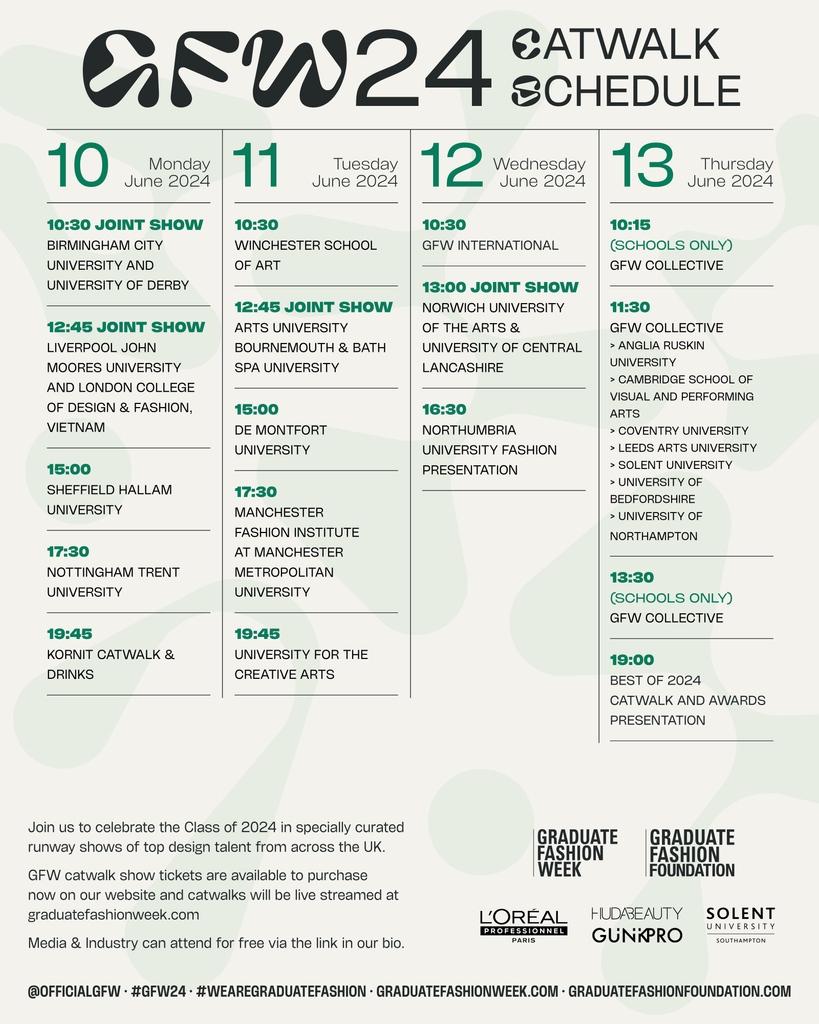 The Graduate Fashion Week 2024 catwalk schedule is live! ❤️‍🔥⁠
⁠
Come join us at GFW24, the world’s largest showcase of BA Fashion talent, from Monday 10th - Thursday 13th of June! ⁠
⁠
🎟️ Tickets are on sale now here: l8r.it/lyjH
⁠
#GFW24 #WeAreGraduateFashion