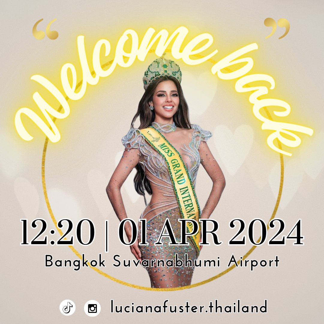 Let's welcome our queen back to her 2nd home, Thailand 🇹🇭

01 Apr 2024 at 12:20
Qatar Airways QR834 
Bangkok Suvarnabhumi Airport

#LucianaInThailand
#QueenLu
#MissGrandPeru
#MissGrandInternational
#lucianafuster 
#missgrandinternational2023 
#missgrandperu2023