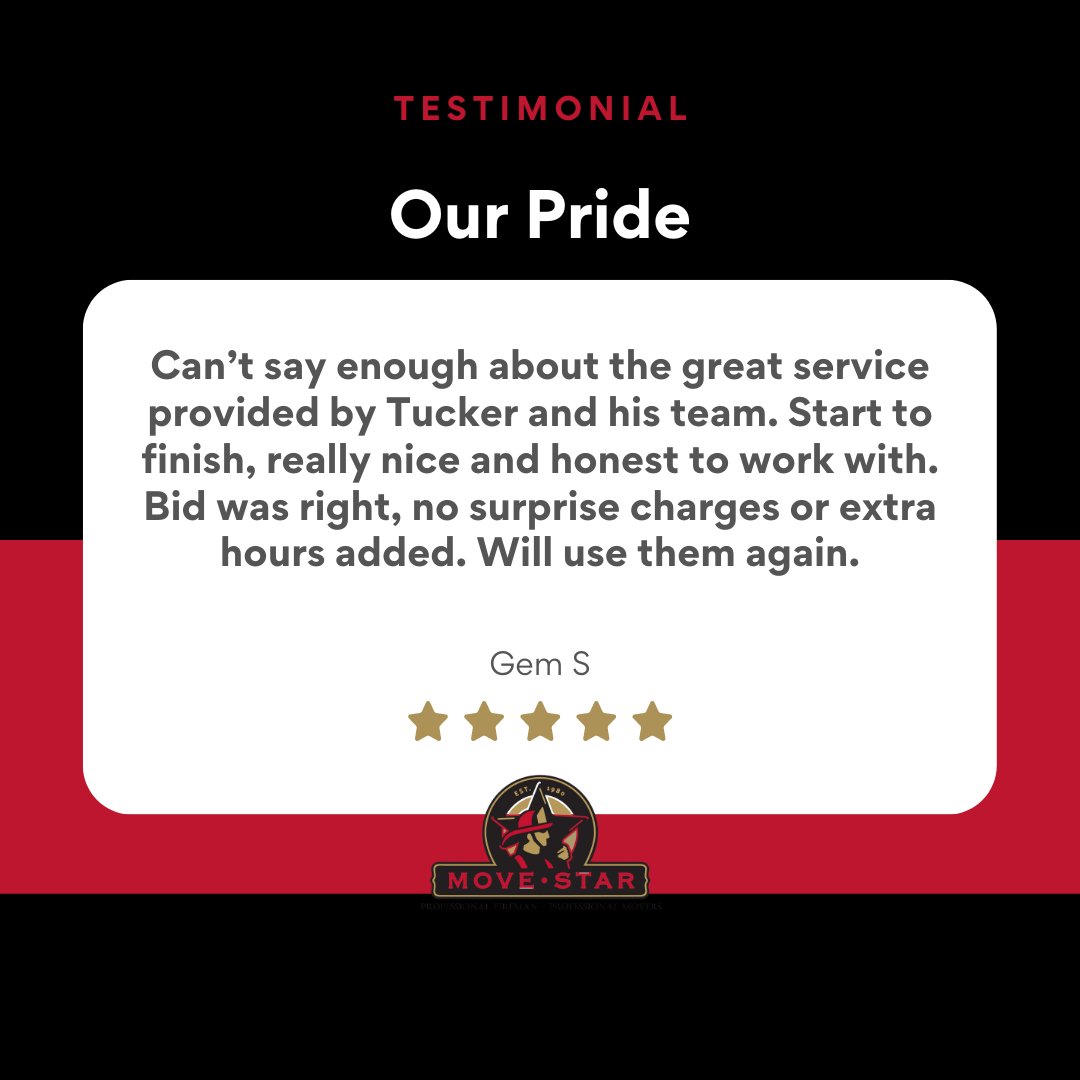 movestarinc's tweet image. 🌟 Another glowing review lights up our day! We're thrilled to share this 5-star praise from one of our amazing clients. Your satisfaction fuels our passion for excellence. Thank you for choosing MoveStar for your move!

#HappyCustomers #FiveStarService #MoveWithMoveStar
