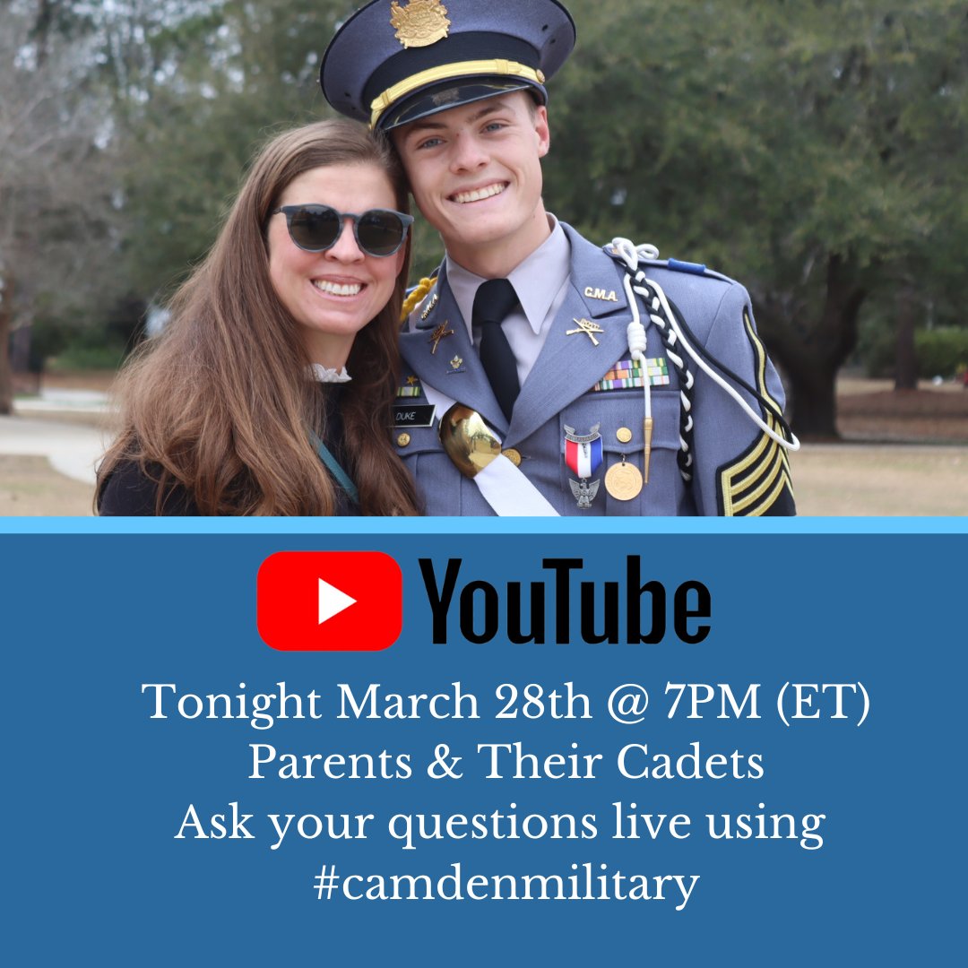 Don't forget we have our Youtube Live tonight! Join us as we talk to current parents alongside their cadets. Make sure to RSVP below! #camdenmilitary #youtubelive camdenmilitary.wufoo.com/forms/p107dw99…