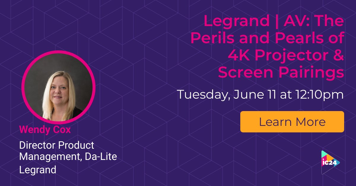 InfoComm 2024 is right around the corner! Join Da-Lite's Wendy Cox on the Perils and Pearls of 4K Projector &amp; Screen Pairings. 

Register Here:
invt.io/1exb3busu3i

#InfoComm2024 #4K #HighRes #Training #InfoComm2024 #AVTweeps