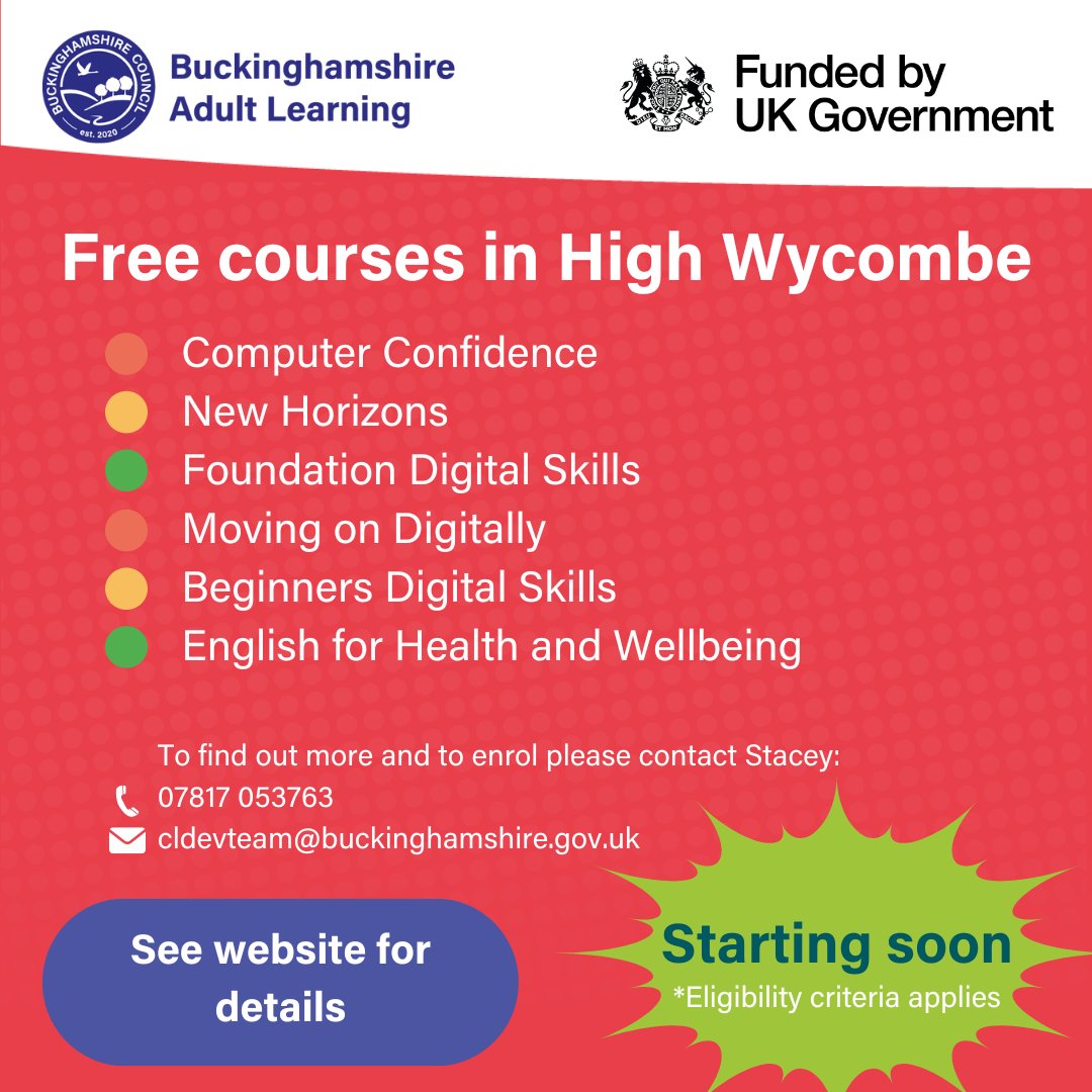 👉It's the turn for the upcoming FREE courses in High Wycombe! Check out this list and visit our website for all the details and courses in other areas 🔽 adultlearningbc.ac.uk/community-enga…