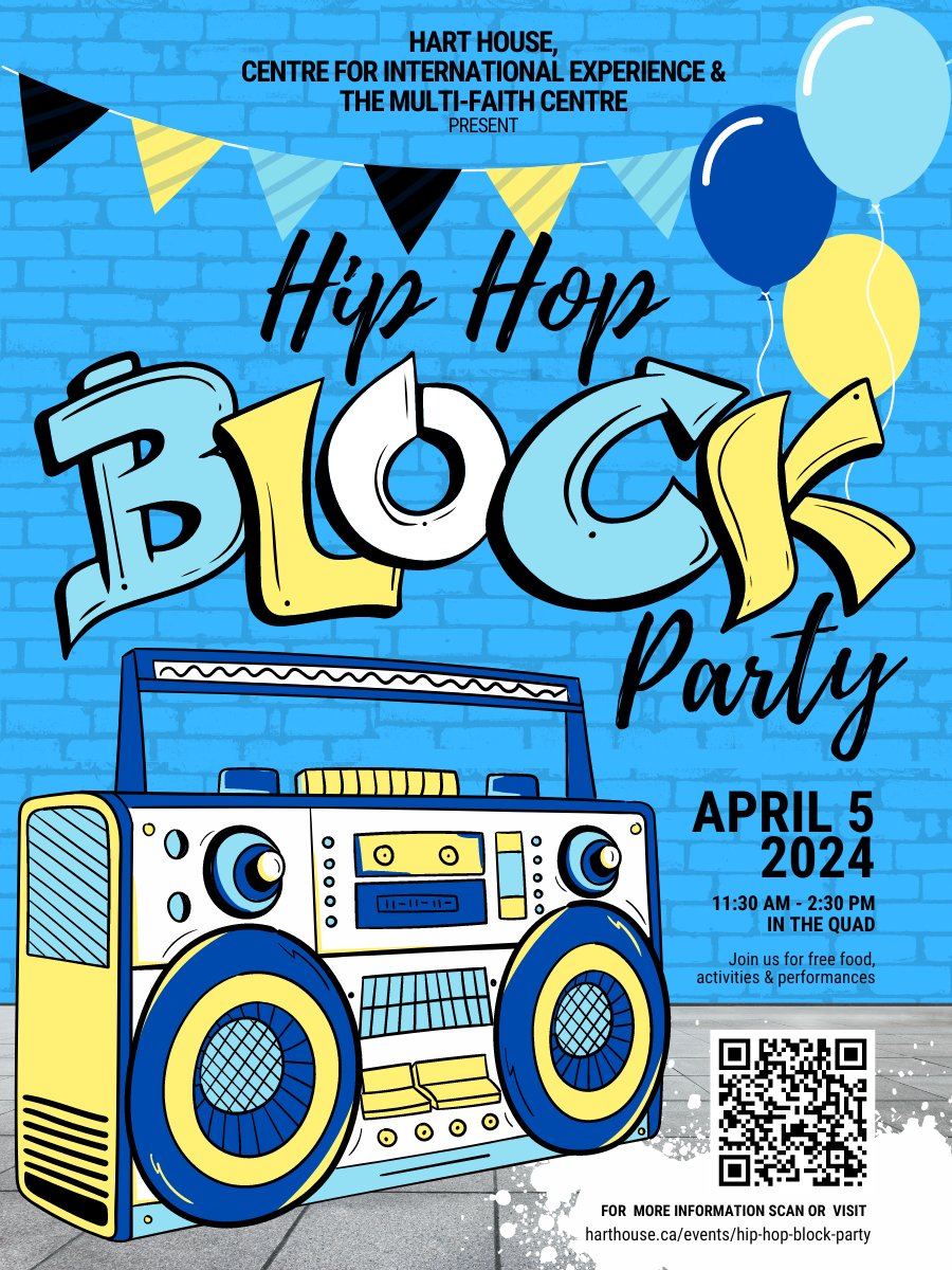 🎉Celebrate 50 years of Hip Hop culture with us!🎶 Join Hart House, the Centre for International Experience, and the Multi-Faith Centre for an unforgettable end-of-year bash inspired by Hip Hop's humble beginnings. Registration is free for U of T students: bit.ly/3xcCOIj