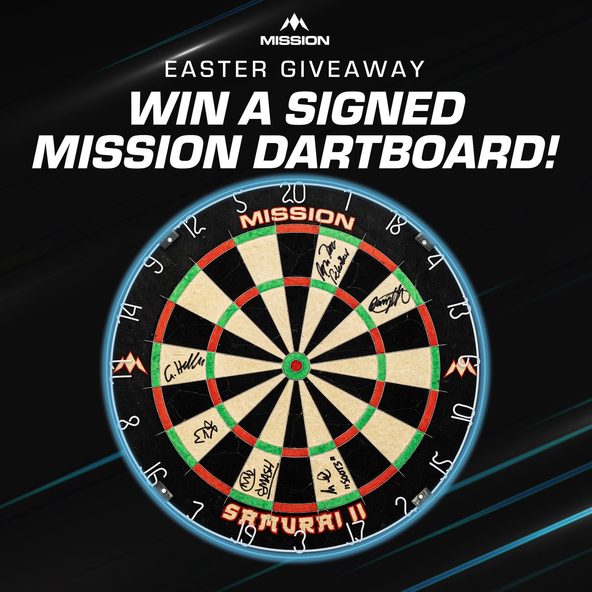 Easter Giveaway: Win a Samurai II Dartboard signed by @soots180 @FittonDarryl @rjoyce180 @SmashLukeman180 Graham Hall & @Evz180! 🎯🐰 To enter: 1: Follow Mission Darts 2: Like this post and reply your favourite #TeamMission player! Ends 01/04/24. T&Cs on Facebook #ForTheWin