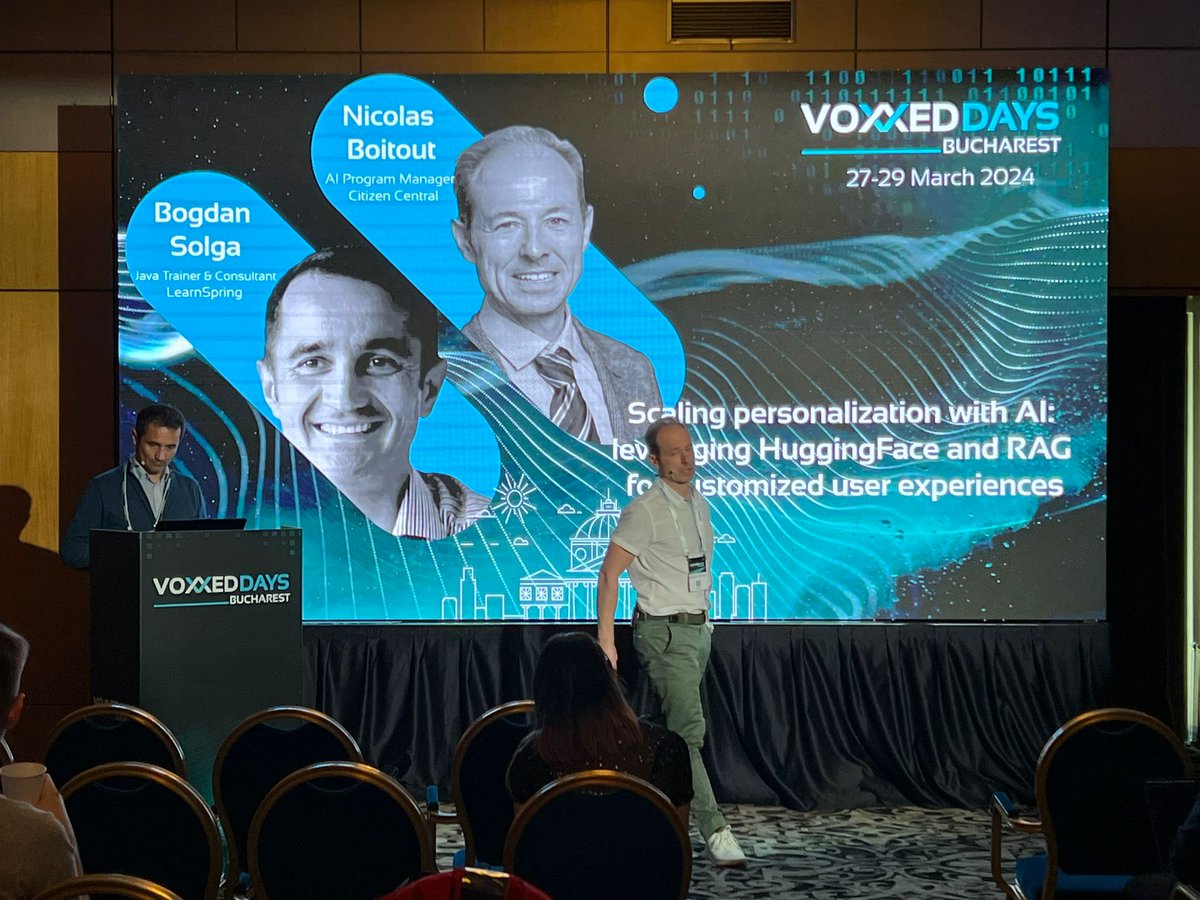 VoxxedBucharest's tweet image. In Crowne C room, join @Nicolas_Boitout and @bogdansolga as they explore the utilization of HuggingFace’s NLP models and vector databases.

#itisfun #vdbuh24 #conference