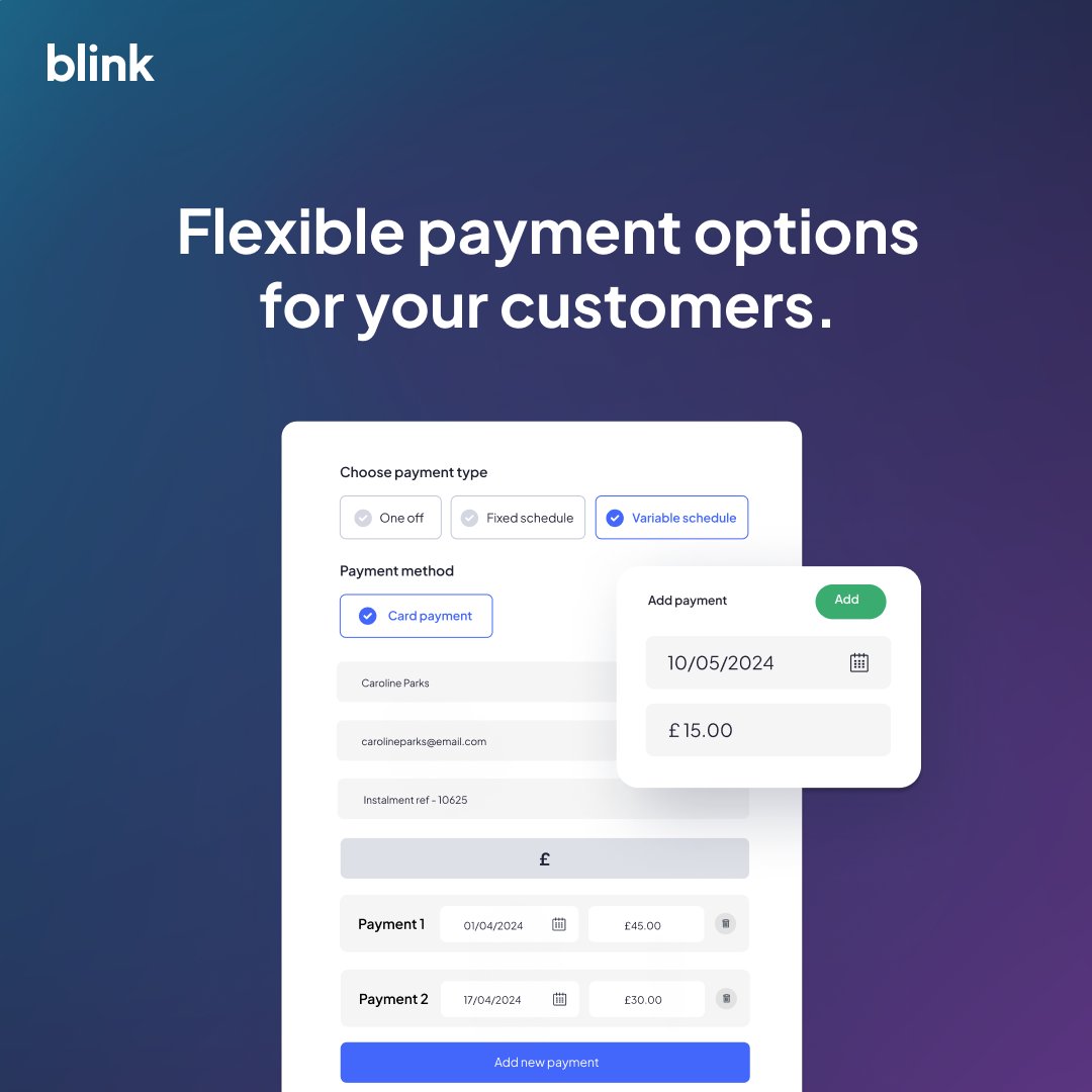 blinkpayment's tweet image. Tailor your collections to different amounts, frequencies, or specific dates to perfectly suit you and your customer&apos;s needs.

Reach out to one of our Sales experts to get started with Blink.
⬇️
ow.ly/HthR50R48bB

#payments #variablepayments #fintech