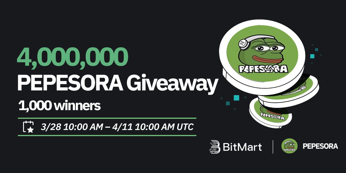 🌟 #BitMart X #PEPESORA #Airdrop 🌟

1⃣Follow <a href="/BitMartExchange/">BitMart</a> &amp; <a href="/BitMartResearch/">BitMart Research｜$BMX HODLer</a> &amp; @PepeSoraai
2⃣Join t.me/BitMartExchange &amp; t.me/pepesoraai
3⃣RT &amp; Tag 3 frds &amp; Like
4⃣Fill in forms.gle/VhpRo47FAVT3Jr…

🎁 1,000 winners / 4,000,000 PEPESORA
Register 👉