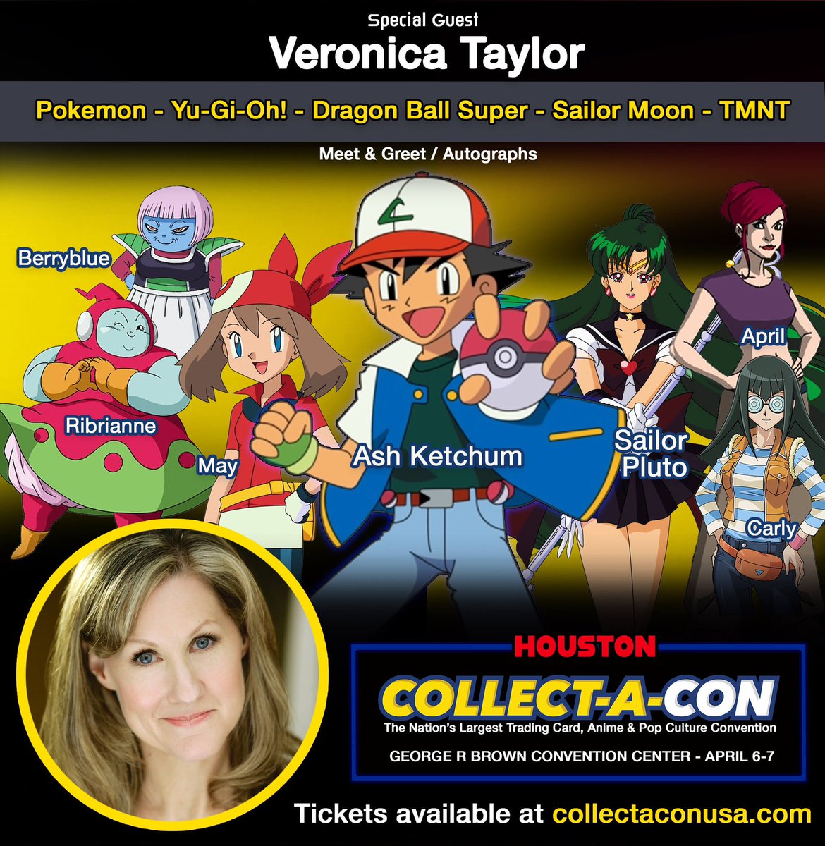 Meet Veronica Taylor, the original voice of Ash! April 6-7 in Houston! @TheVeronicaT #pokemon #ashketchum #anime #PokemonTCG #comiccon #collectacon