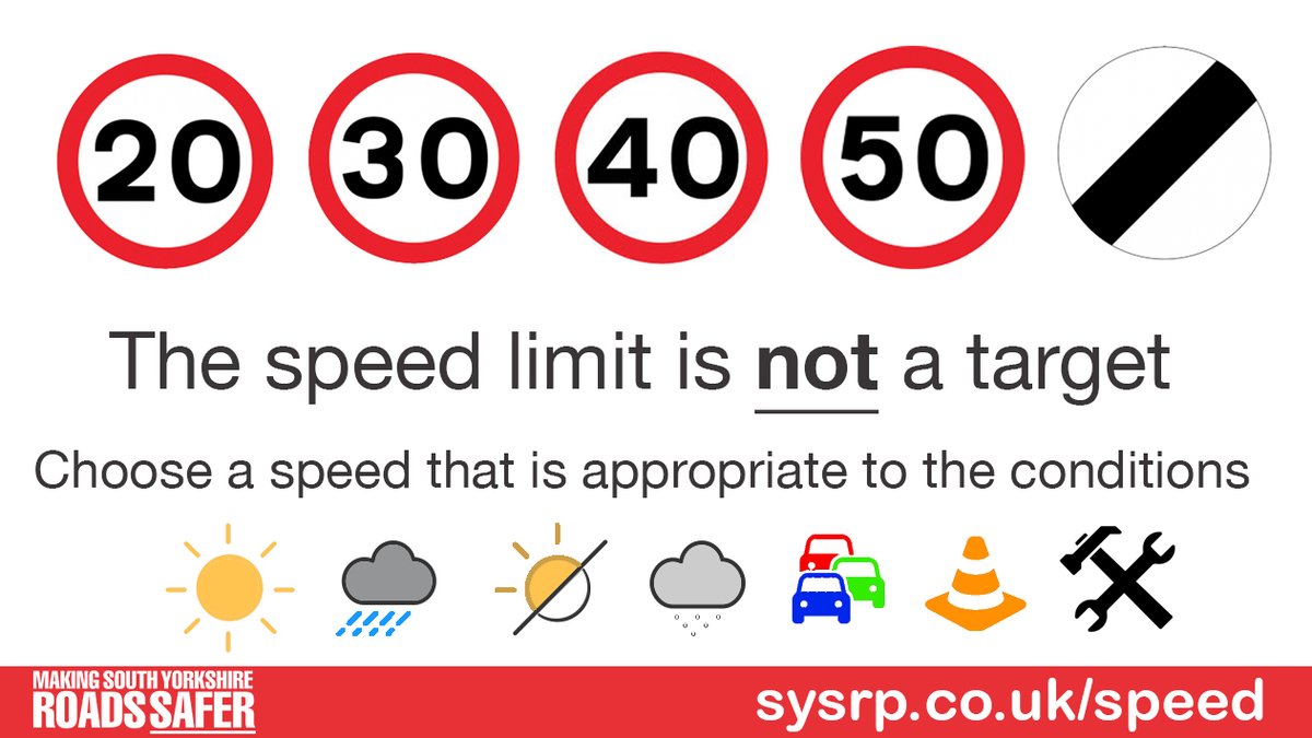 Driving or riding too fast for the road conditions contributes to one third of road collisions. The speed limit is the absolute maximum and does not mean that it is safe to drive or ride at that speed in all conditions. #barnsley #doncaster #sheffield #rotherham #fatalfour