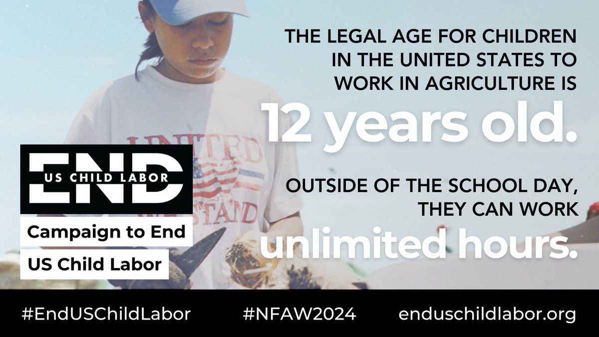 In #US agriculture, children can work unlimited hours from the age of 12. No 12-year-old should be toiling in the fields at the expense of their health &amp; education, anywhere in the world - it is #ChildLabor. But in the US, this is legal. #NFAW2024 #EndUSChildLabor