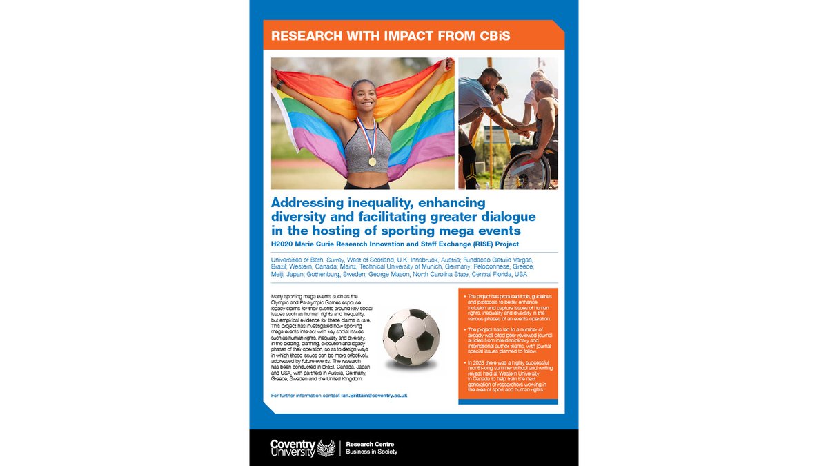 🏅Addressing inequality, enhancing diversity and facilitating greater dialogue in the hosting of sporting mega events 'This project investigated how sporting mega events interact with key social issues such as human rights, inequality and diversity.' @Dr_Ian_Brittain #EDI