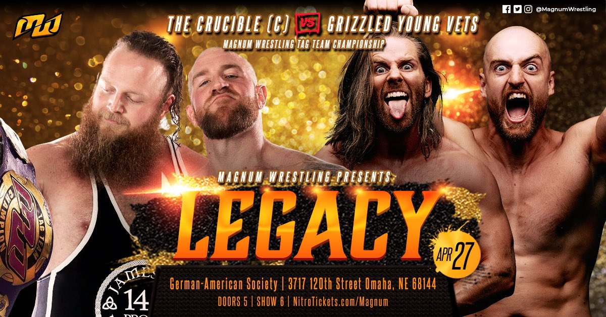 Making their Magnun debut & facing off against the Crucible will be former NXT UK Champs, Grizzled Young Vets! Can GYV put a stop to their reign before it all comes crashing down? Tickets for this show are already half gone, only one 8 top remaining! nitrotickets.com/event/780/Magn…