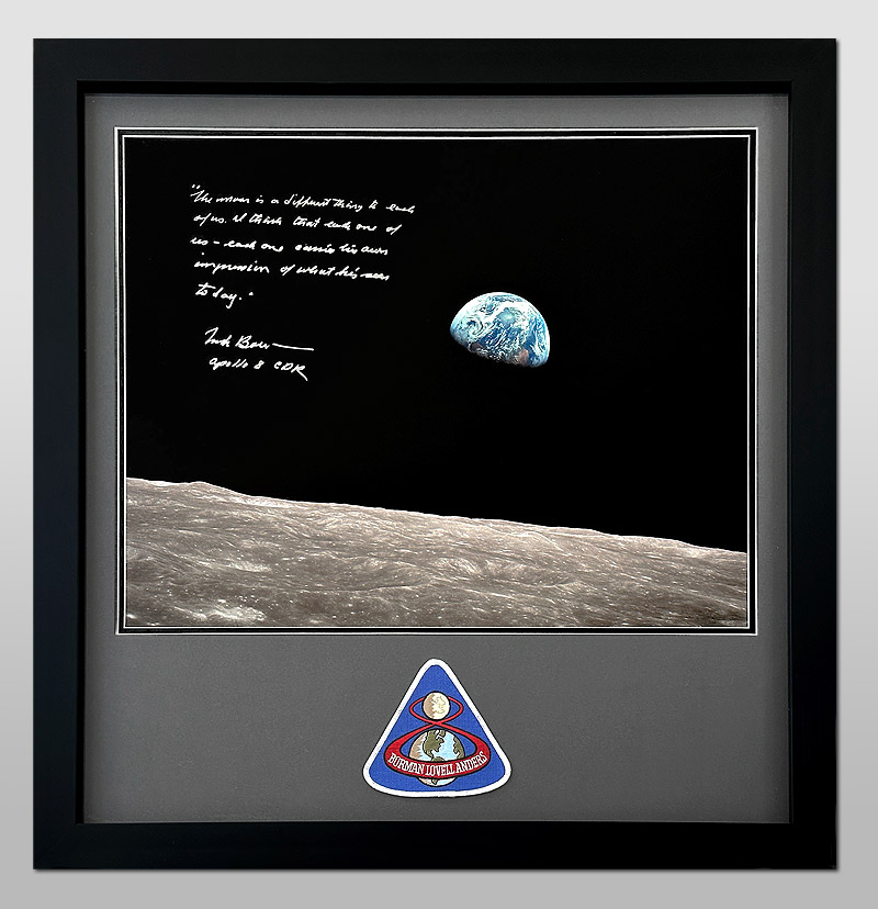 20x16 inch glossy photo of the famous Earthrise from Apollo 8, hand signed by Commander Frank Borman with Long Inscription, 'The Moon is a different thing to each one of us. I think that each one of - each one carries his own impression of what he's seen today - Frank Borman,