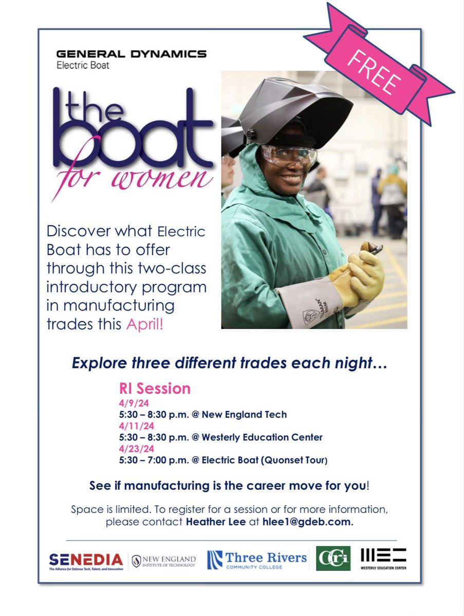 Our Boat for Women program is an excellent opportunity for women interested in a career in the trades at @GDElectricBoat. The next session will take place on 4/9 at @NEInstituteTech and 4/11 at the @WesterlyEdCntr, followed by a tour of #GDElectricBoat’s Quonset Point facility on