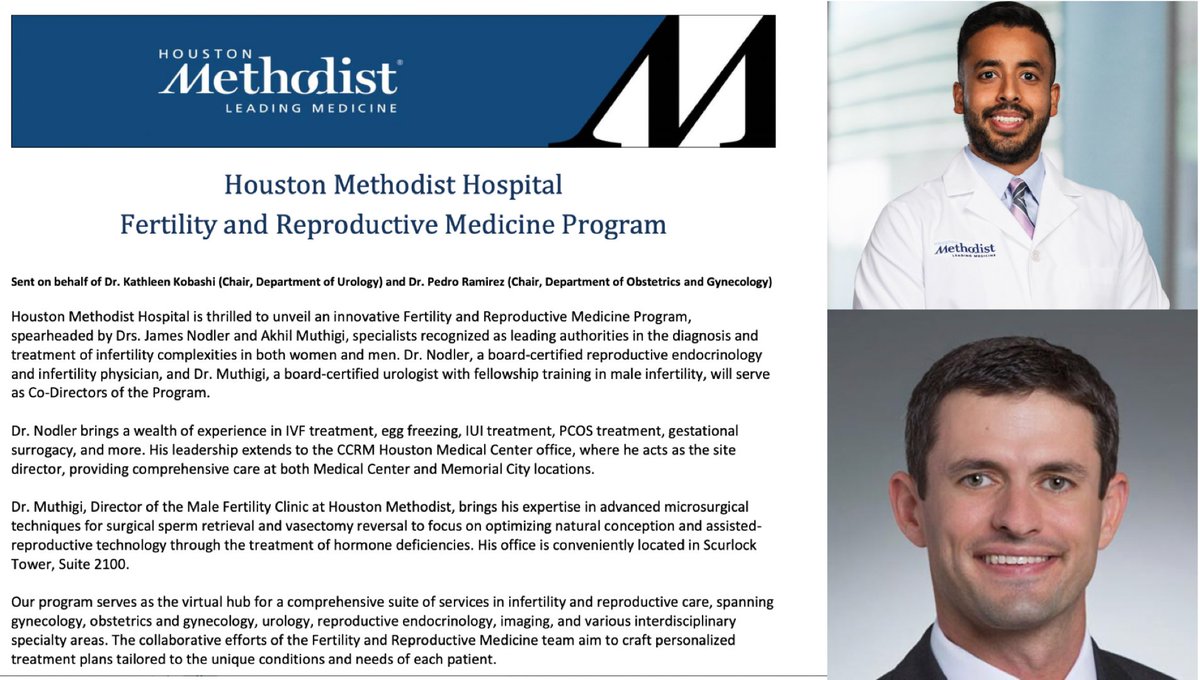 Excited to announce the launch of the Houston Methodist Fertility and Reproductive Medicine Program, with me and Dr. James Nodler serving as Co-Directors! ➡️We will optimize fertility health and help couples achieve their goal of conceiving. #ReproductiveHealthcare #Fertility