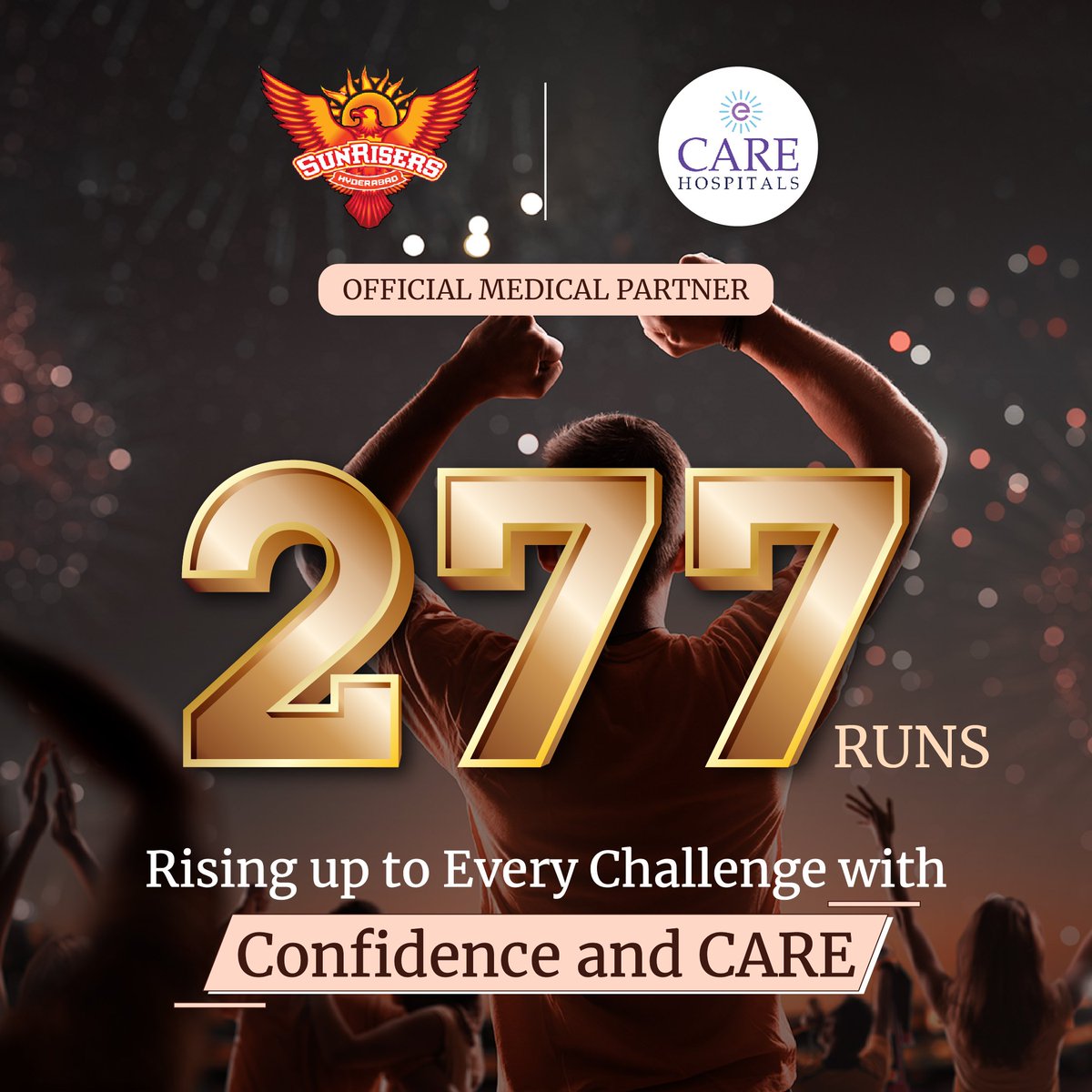 Hats off to Sunrisers Hyderabad for their historic world record of 277 runs. We are proud as your Official Medical Partner as you smash boundaries with unstoppable confidence! Keep thriving because we are here to take care! #CAREHospitals #SunrisersHyderabad #IPL2024 #IPLUpdate