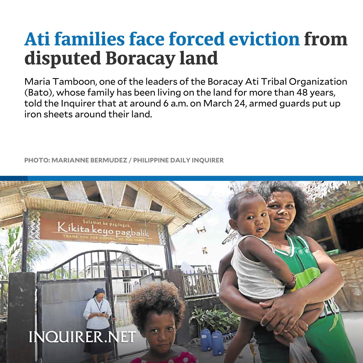 Ati tribe members in Boracay were shocked early Palm Sunday morning when guards stormed their area and started to place barricades made out of galvanized iron sheets, citing recent decisions by the Department of Agrarian Reform. READ MORE: inqnews.net/6rjJbQ