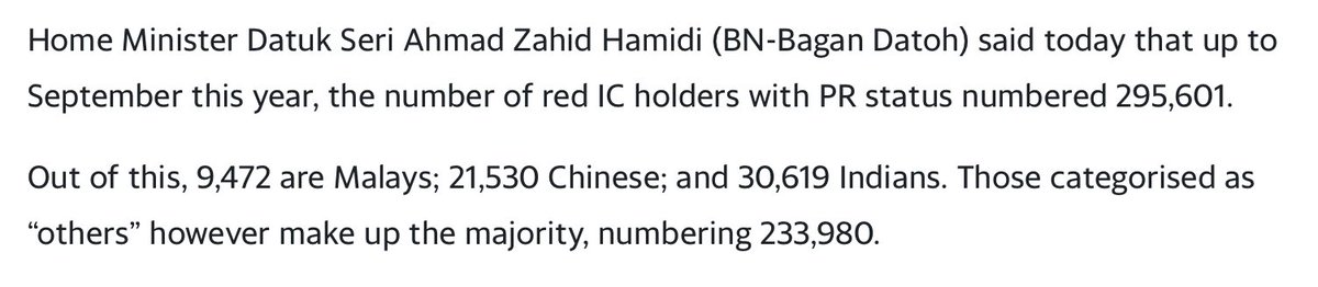 Marina Tan مارينا تان (@marinaristan) on Twitter photo Good Qs from <a href="/drewYong/">Andrew Yong</a> :
How many of these 3.5 million foreigners have PR?
(In 2013, there were only 295,601 red IC holders.)
Of the 233,980 “lain-lain” (“others”), how many are Orang Asli & natives of Sabah and Sarawak?
(Resharing stats on PRs/red IC holders with #AltText .) Good Qs from <a href="/drewYong/">Andrew Yong</a> :
How many of these 3.5 million foreigners have PR?
(In 2013, there were only 295,601 red IC holders.)
Of the 233,980 “lain-lain” (“others”), how many are Orang Asli & natives of Sabah and Sarawak?
(Resharing stats on PRs/red IC holders with #AltText .)
