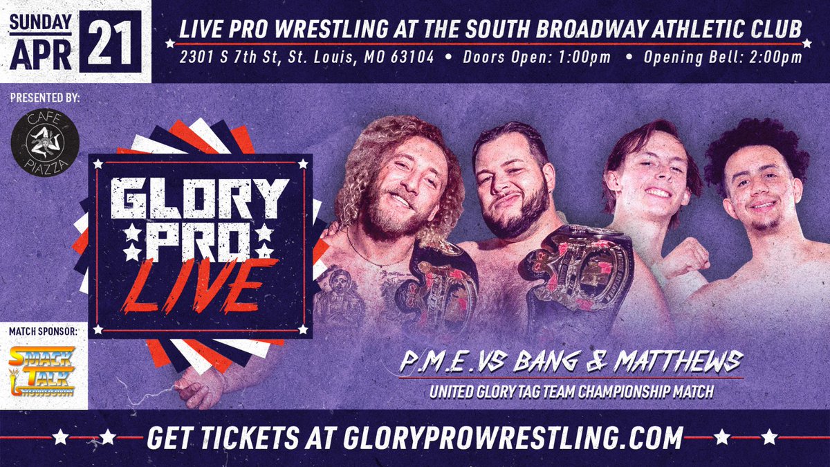 Glory Pro LIVE in St. Louis! @collins__philly and @MarinoTenaglia defend the United Glory Tag Team Titles against @DaveyBang and @August_Matthewz Sunday April 21 | 2pm Sponsored by @SmackTalkShwdwn ⬇️TICKETS⬇️