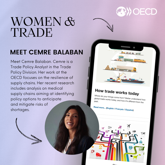 Meet Cemre Balaban! As part of our series sharing #OECD's outstanding #womenintrade check out how @cemocan_balaban contributes to research on resilient & sustainable supply chains⤵️ oe.cd/pub/5sC