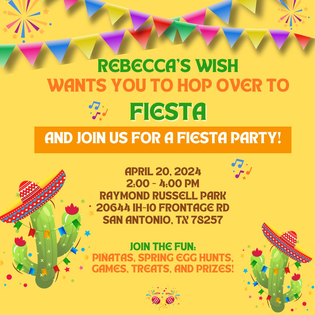 Get ready to fiesta with us on 4/20! 🎉 Join Rebecca's Wish for a day filled with piñatas, spring egg hunts, games, treats, and amazing prizes! Don't miss out on the fun - RSVP by 4/16 via link!  #RebeccasWish #PediatricPancreatitis #Fiesta #SanAntonio docs.google.com/forms/d/1HY7UE…